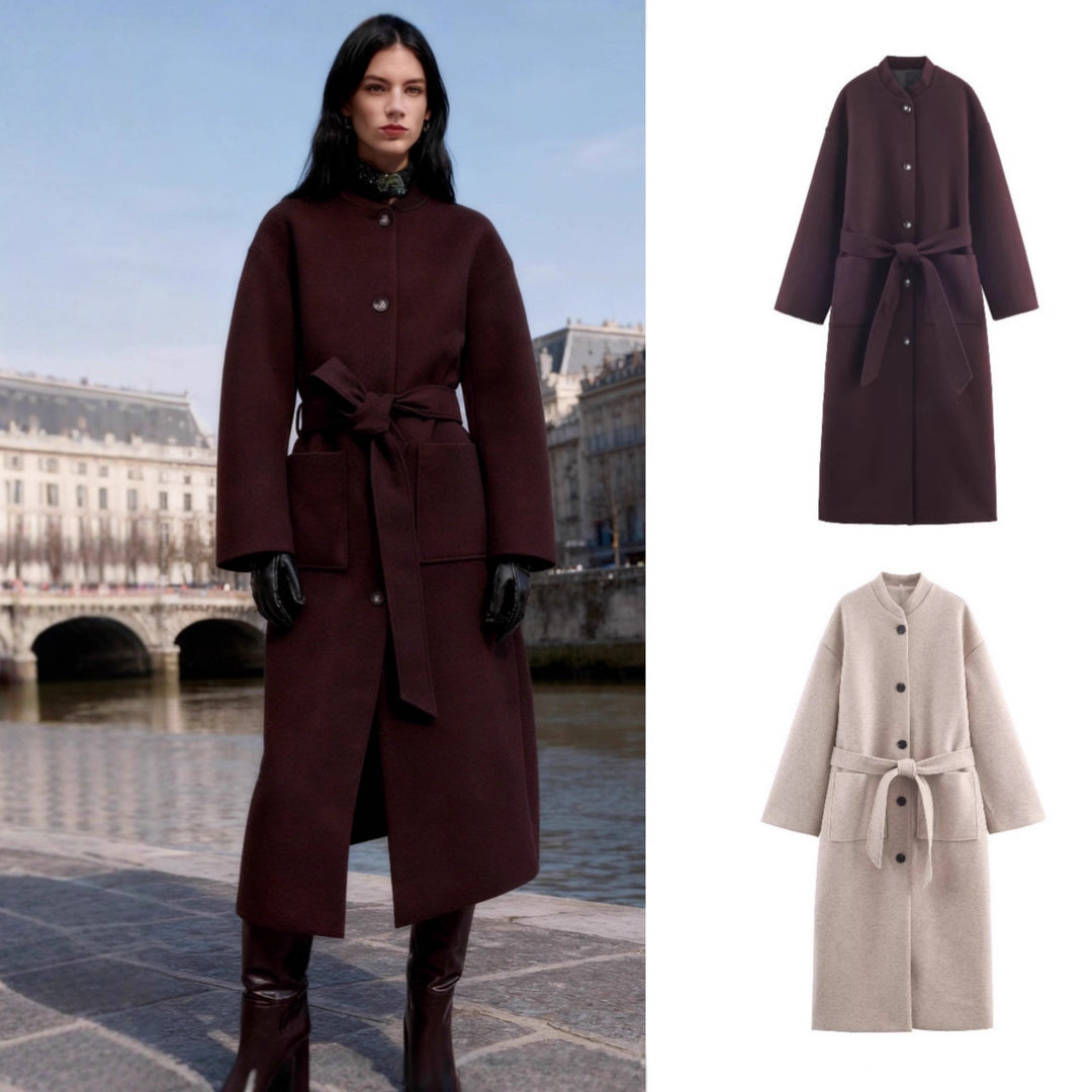 Women’s longer minimalist wool blend kimono coat with tie belt Mune Fashion