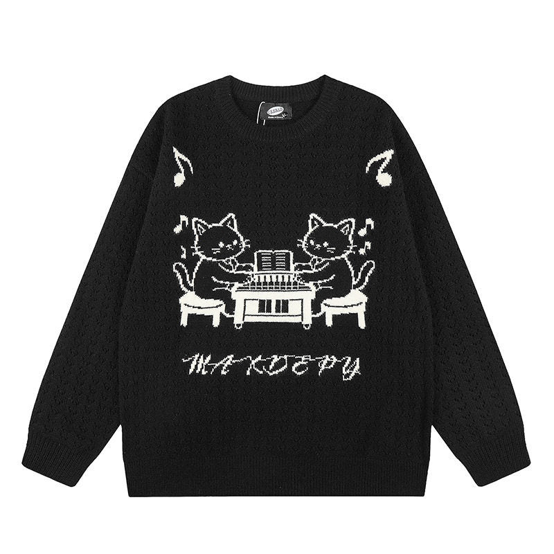 Women's Oversize Knit Sweater with Jacquard Cat Motif and Musical Design Mune Fashion