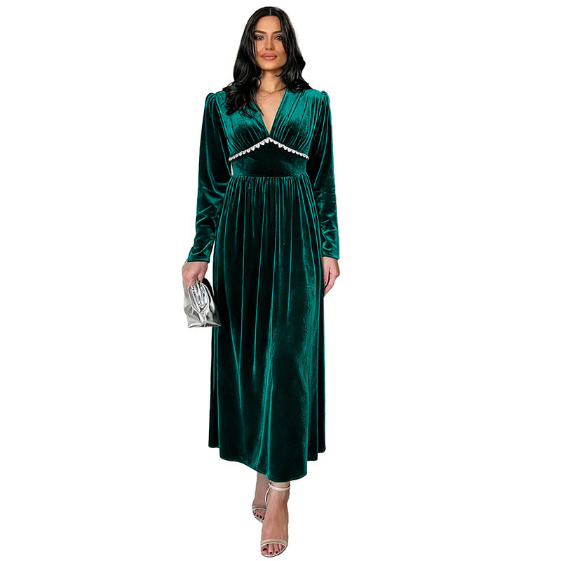 Women Elegant Maxi Dress with V-Neck and Ruffles Mune Fashion
