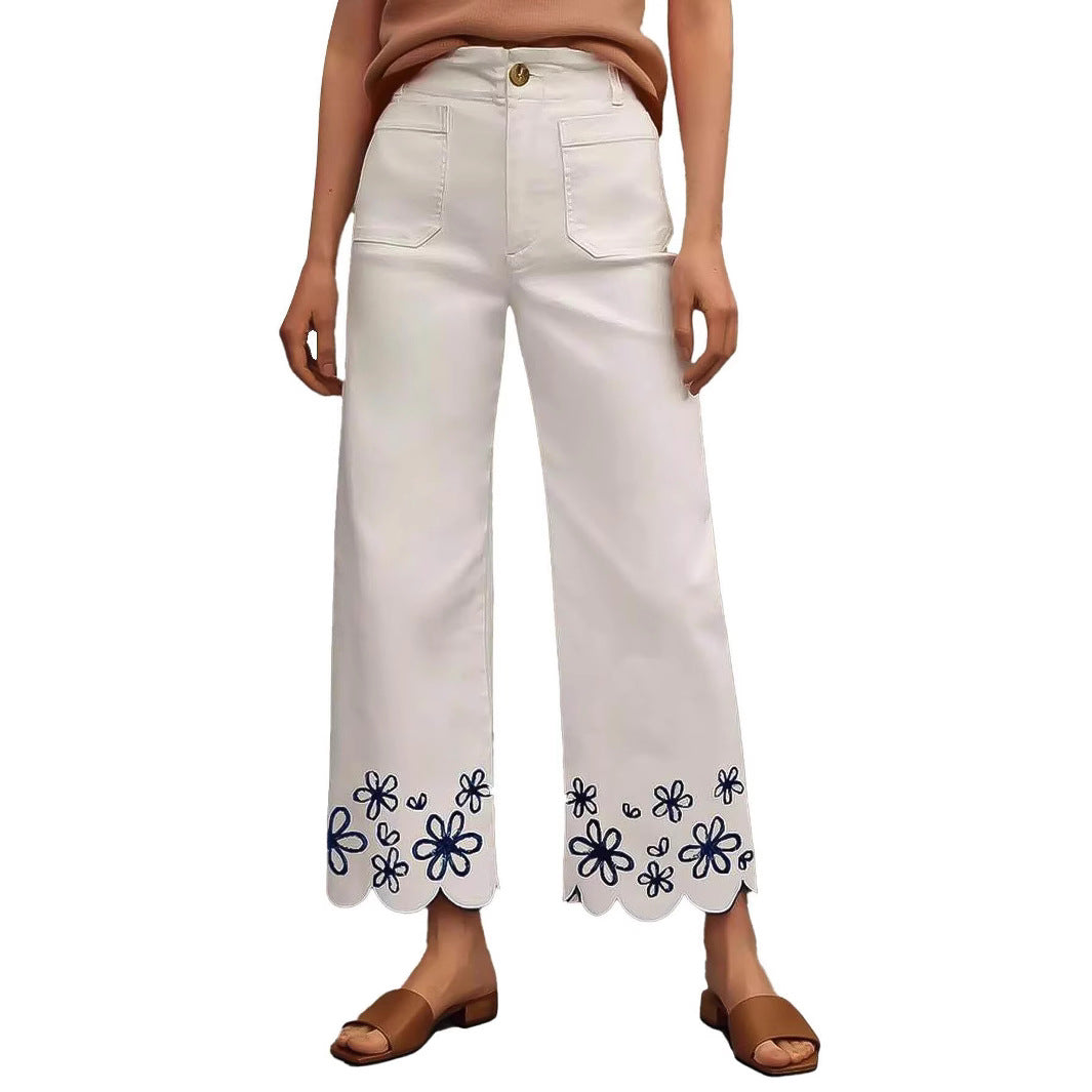 Women High-Waisted Cropped Palazzo Pants with Floral Embroidery and Wave Hem Mune Fashion