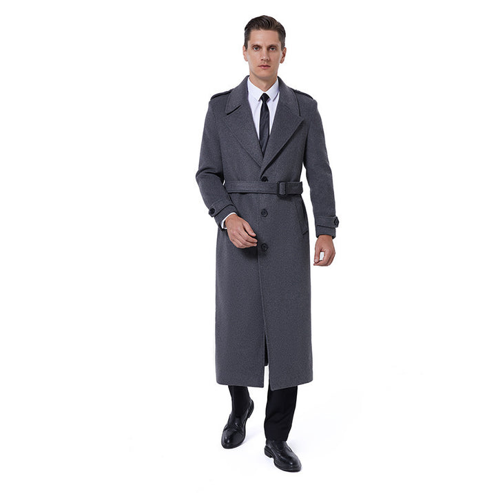 Men's maxi length coat made of wool blend with tie belt, epaulettes and classic lapels Mune Fashion