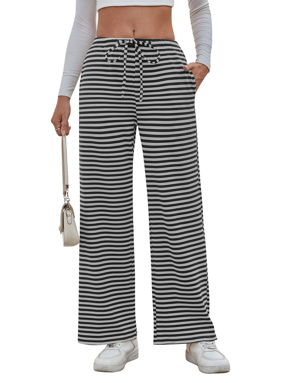 Ladies wide striped pants with elastic waistband and drawstring Mune Fashion