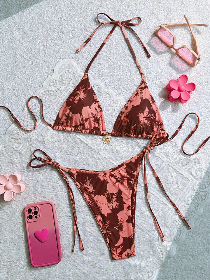 Women's triangle bikini with floral accents and intricate ties Mune Fashion