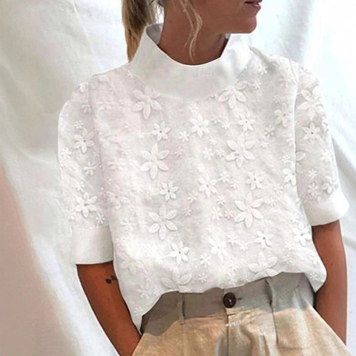 Ladies non-light embroidered blouse with stand collar and three-dimensional floral appliqué Mune Fashion