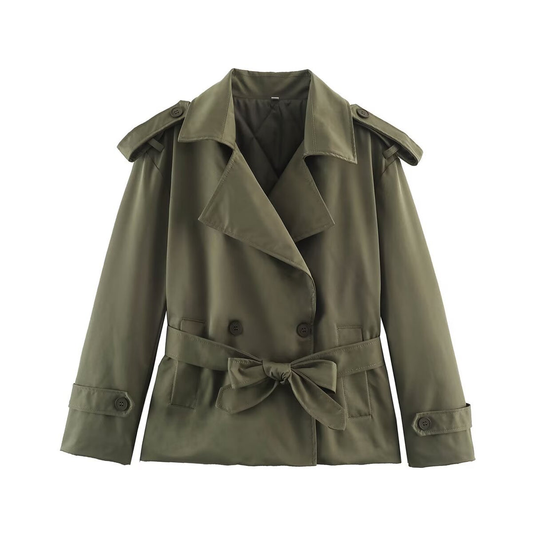 Women's Tailored Short Trench Coat with Tie Belt and Shoulder Patches Mune Fashion