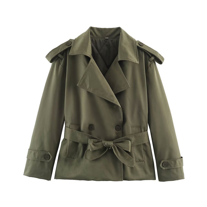 Women's Tailored Short Trench Coat with Tie Belt and Shoulder Patches Mune Fashion