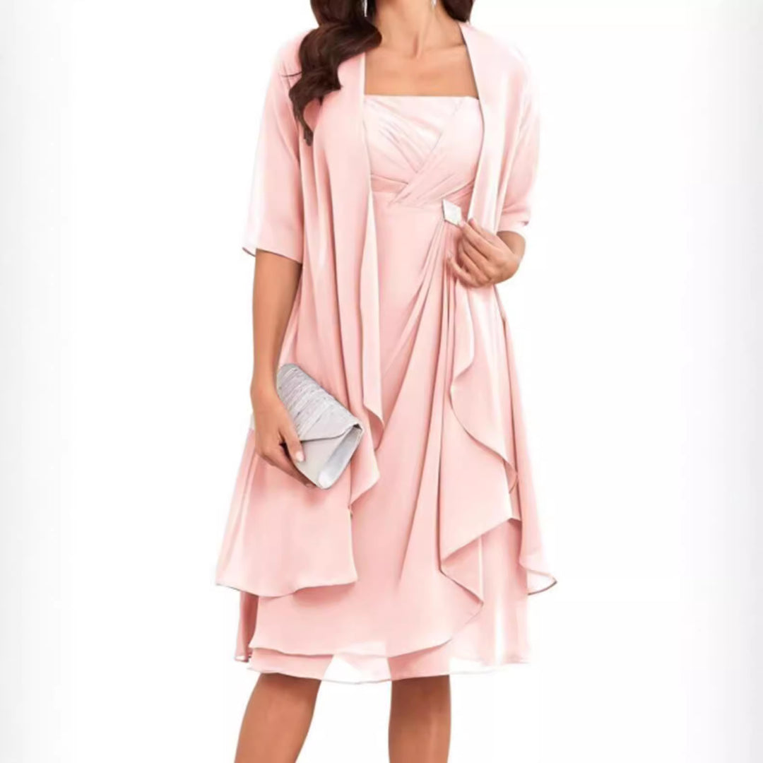 Women's Chiffon Evening Dress with Bolero and Asymmetrical Layered Skirt Mune Fashion