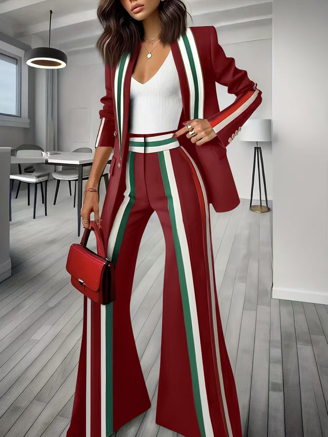 Ladies Elegant Blazer-Pants Set with Side Contrast Stripes and Wide Flare Mune Fashion