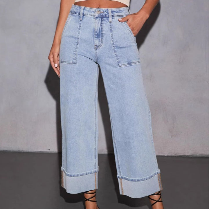 Women's nan Highwaist Culotte Jeans with wide leg, patch front pockets and distinctive cuff waistband Mune Fashion