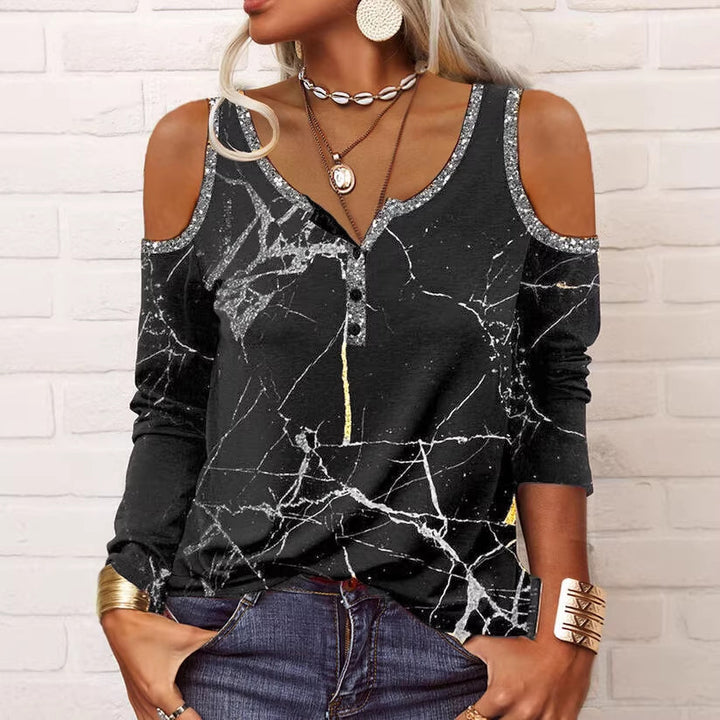 Women's Off-Shoulder Long Sleeve Henley Top with Marble Print and Sequin Trim Mune Fashion