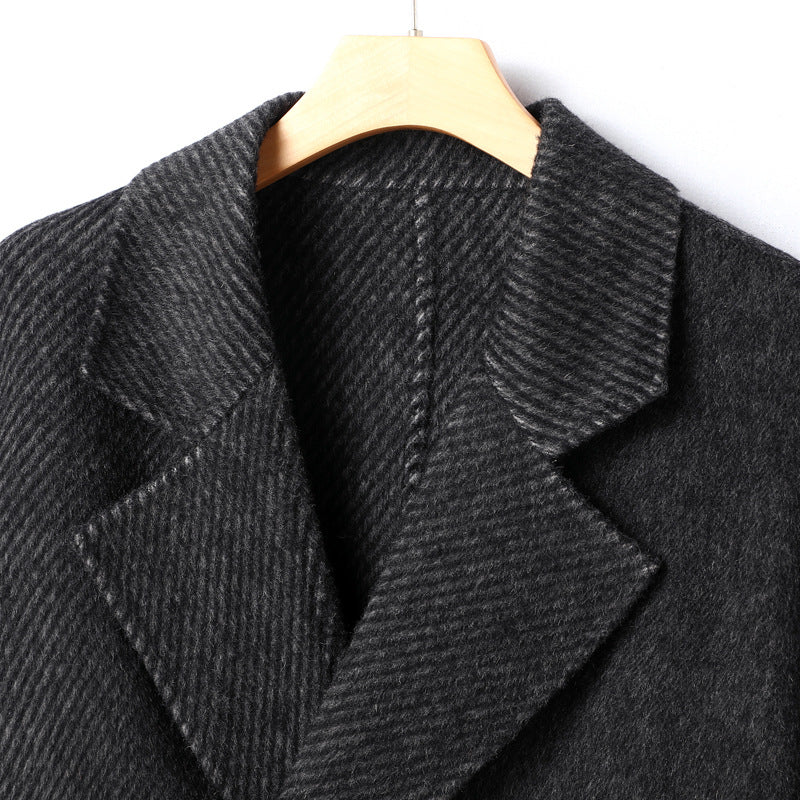 Men's Long Double-Breasted Wool Blend Coat with Textured Lapel Mune Fashion