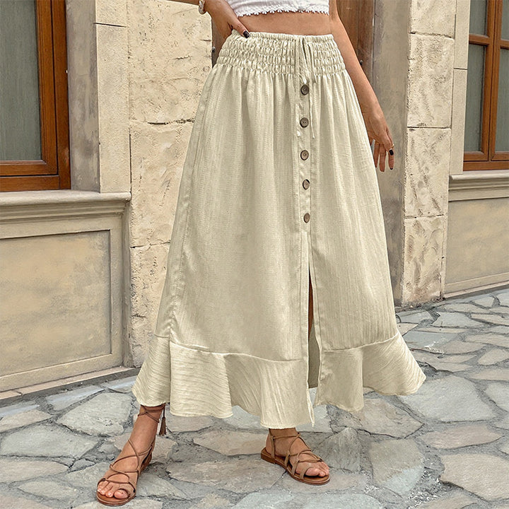 Ladies summer maxi skirt with smocked waistband, full button placket, side slit and ruffles