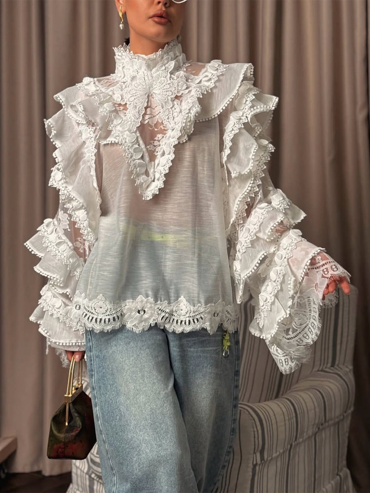Women's Transparent Lace Blouse with Ruffle Sleeves and High Stand Collar Mune Fashion