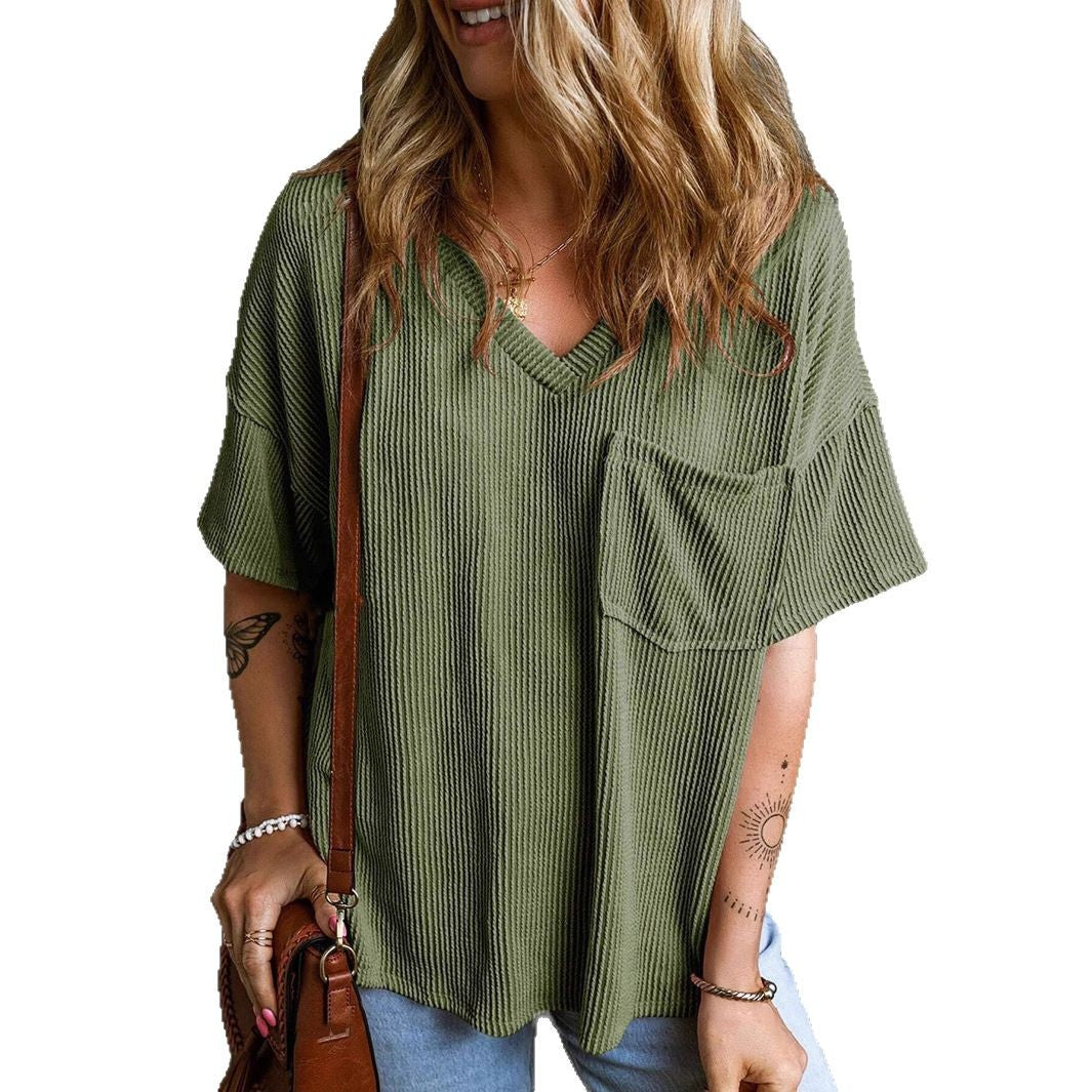Women's Casual Ribbed Oversized T-Shirt with V-Neck and Breast Pocket Mune Fashion