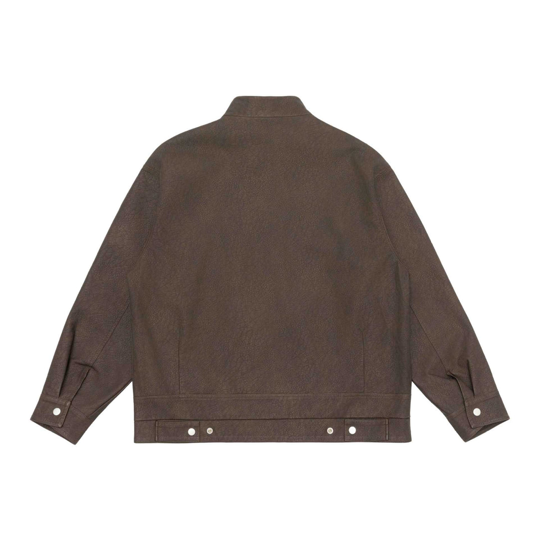 Unisex Boxy-Faux Leather Blouson Jacket with Stand Collar and Flap Pockets Mune Fashion
