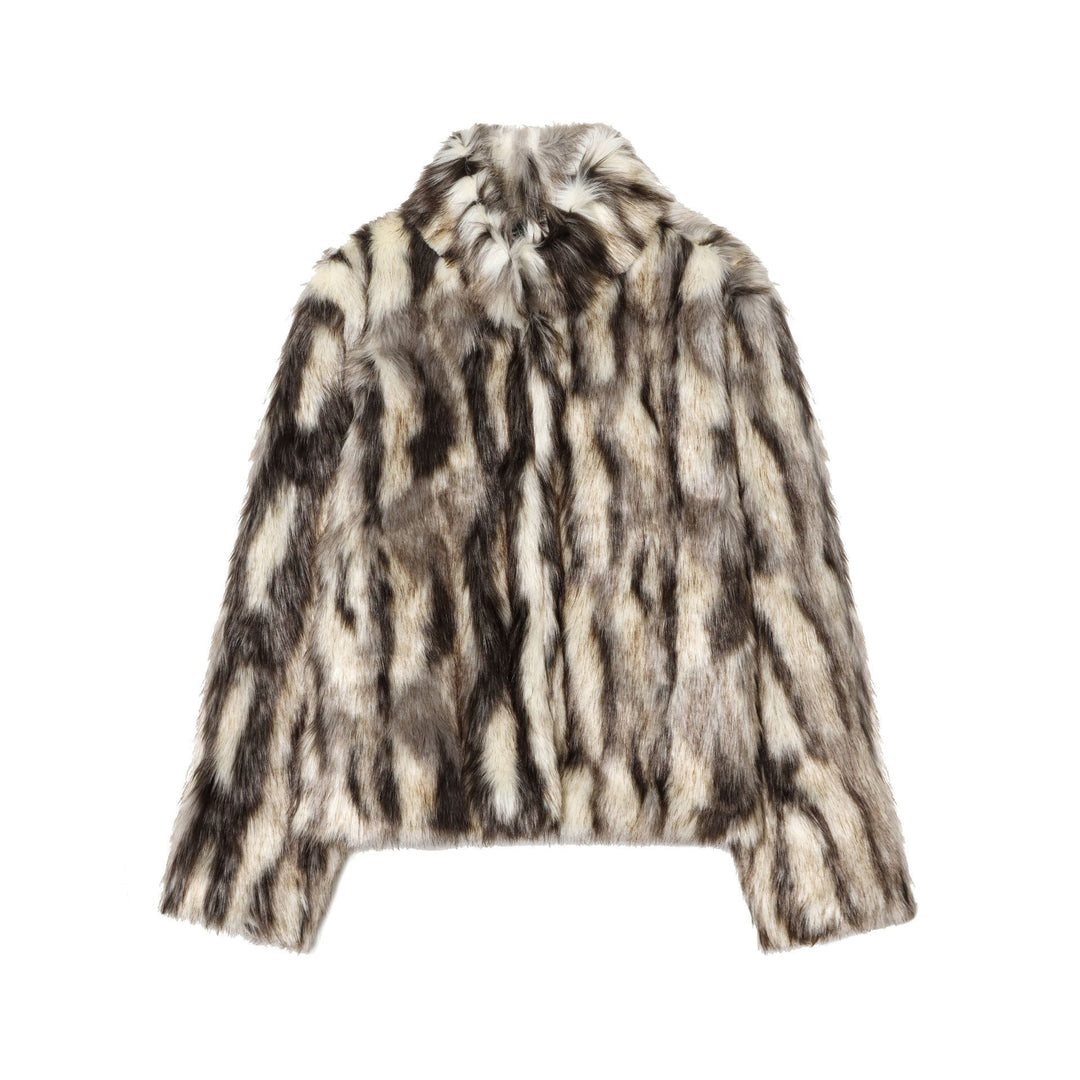 Women's Cropped Faux Fur Jacket with Multicolored Spot Design and Stand Collar Mune Fashion