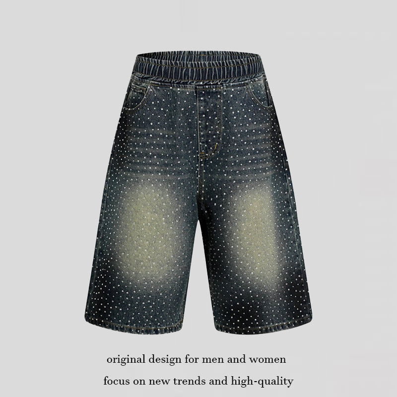 Women's high-waisted denim culotte shorts with comfort waistband and subtle polka dot pattern Mune Fashion