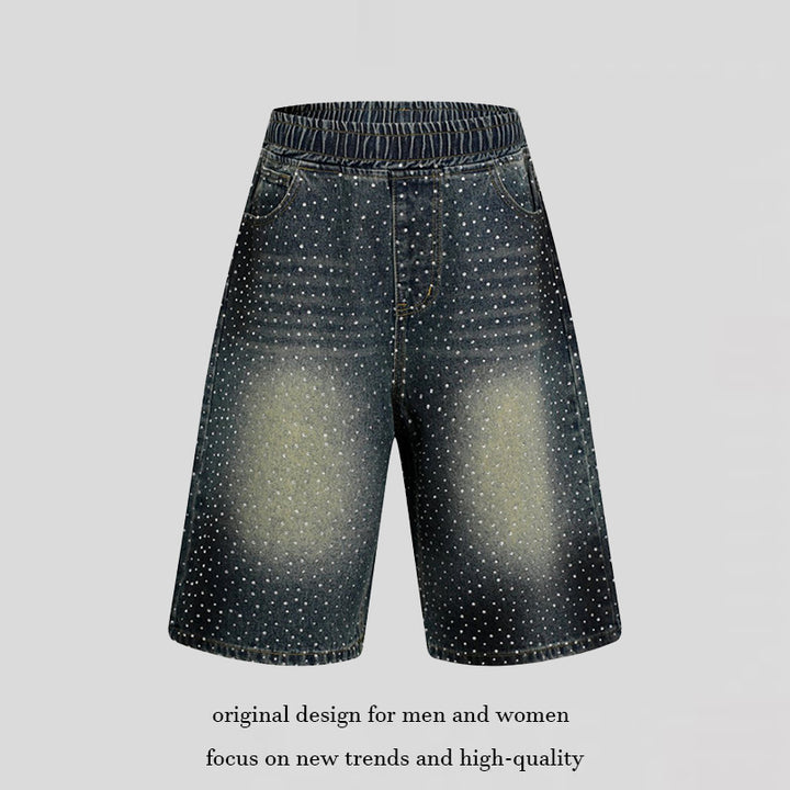 Women's high-waisted denim culotte shorts with comfort waistband and subtle polka dot pattern Mune Fashion