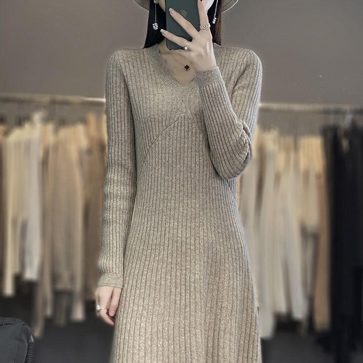 Women Long Ribbed Knit Midi Dress with Tailored Silhouette and A-Line Skirt Mune Fashion