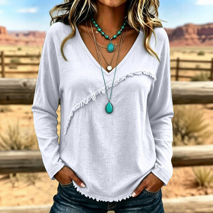 Women's Casual V-Neck Long Sleeve Shirt with Diagonal Fringed Trim and Textured Fabric Mune Fashion