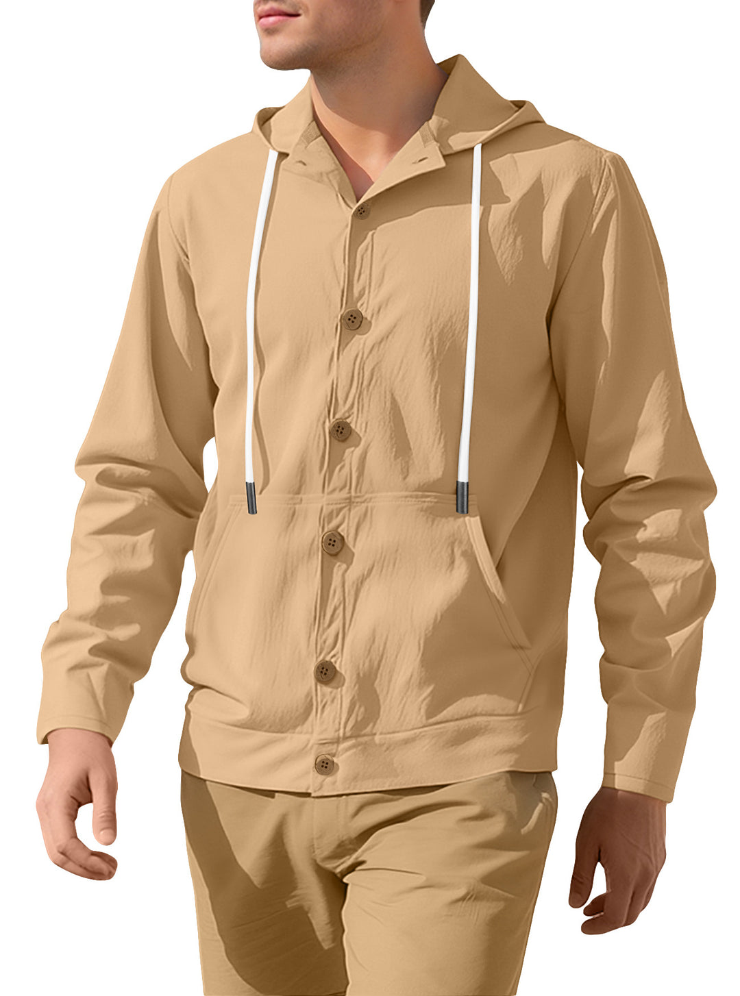 Men's slim-fit hoodie cardigan with full button placket, mounted kangaroo pocket, and lightweight structured knit Mune Fashion