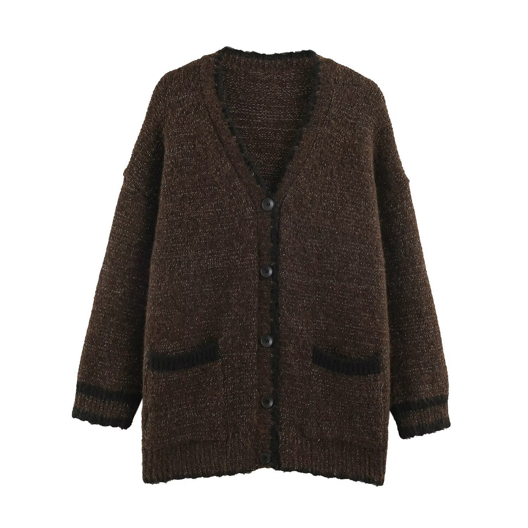 Women's Oversize Knit Cardigan with V-Neck, Button Placket and Contrasting Decorative Edges Mune Fashion