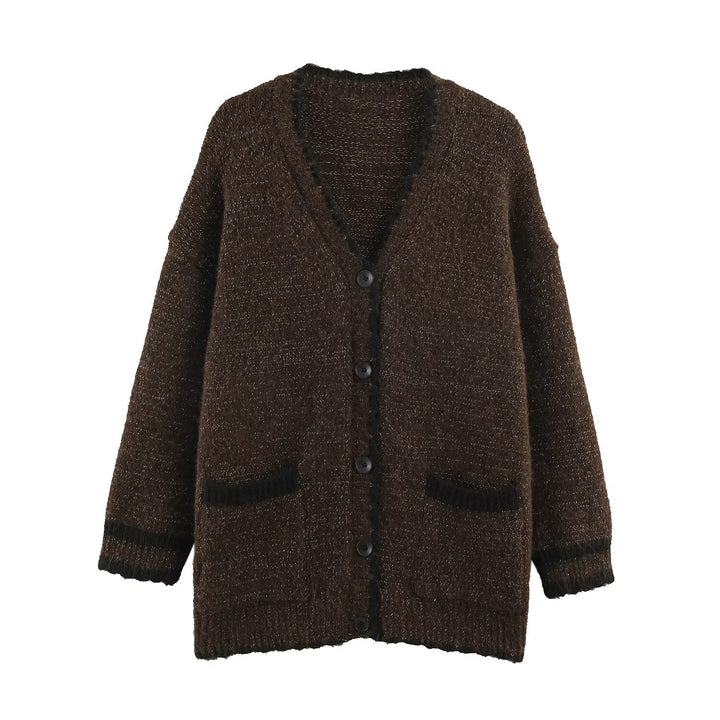 Women's Oversize Knit Cardigan with V-Neck, Button Placket and Contrasting Decorative Edges Mune Fashion