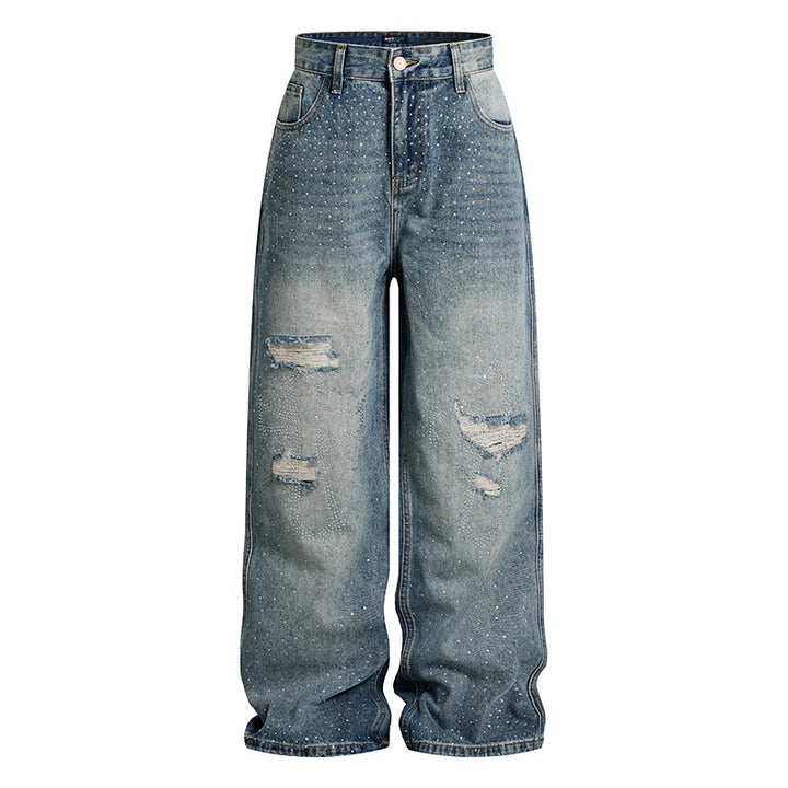Ladies Wide High-Waist Denim Palazzo Jeans with Destroyed Details and Rhinestone Embellishment Mune Fashion