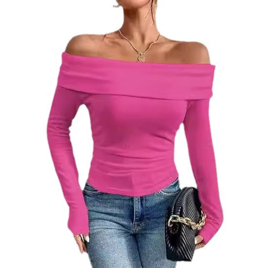 Women's Figure-hugging Off-shoulder Long Sleeve Fine Knit Shirt with Bardot Neckline