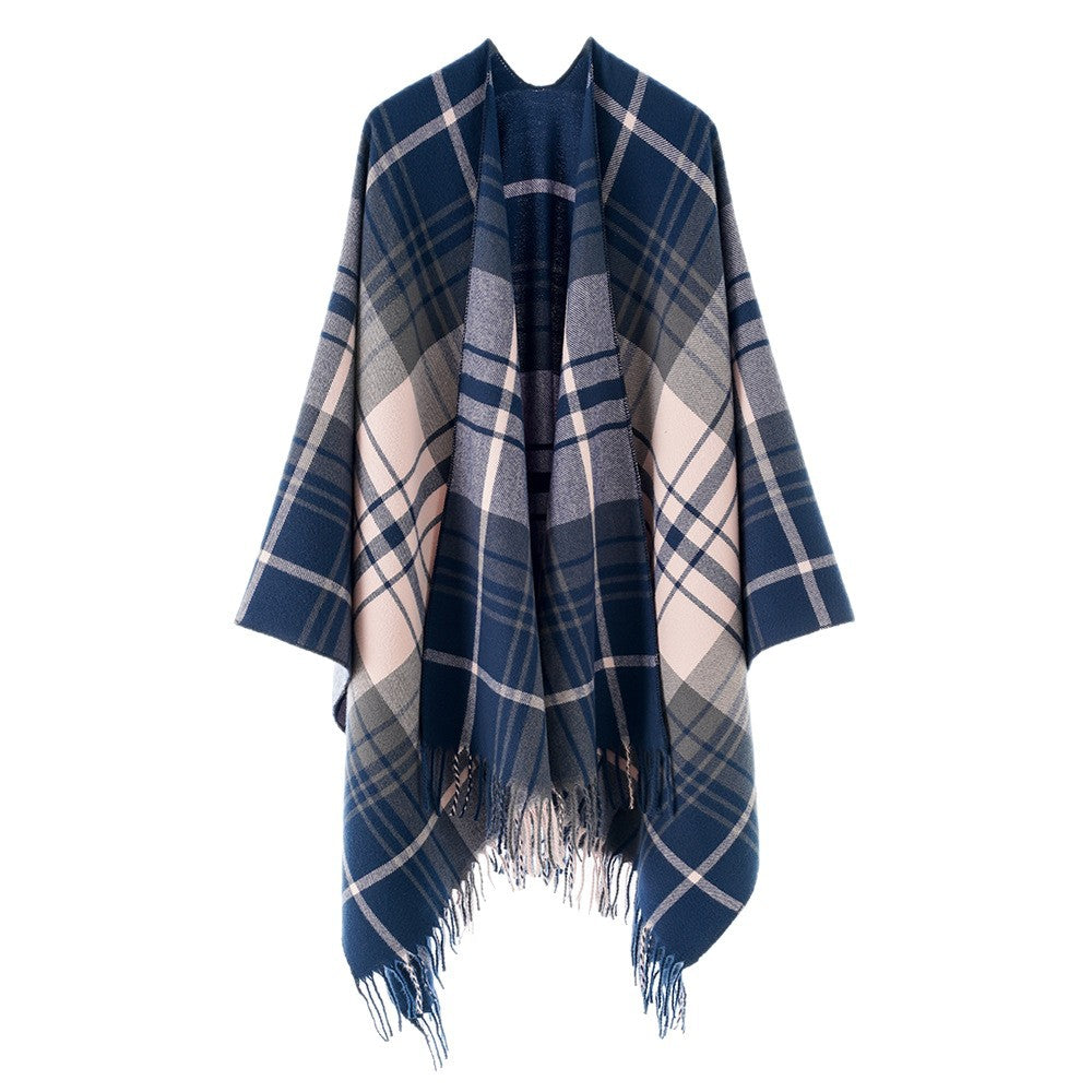 Women's Pure Wool Look Throw in Tartan Check with Open Front and Fringed Hem Mune Fashion