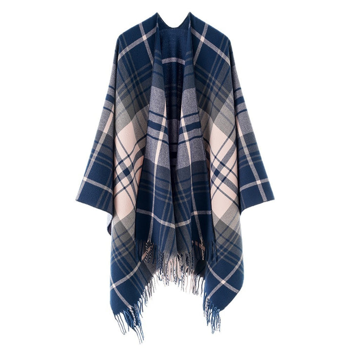 Women's Pure Wool Look Throw in Tartan Check with Open Front and Fringed Hem Mune Fashion