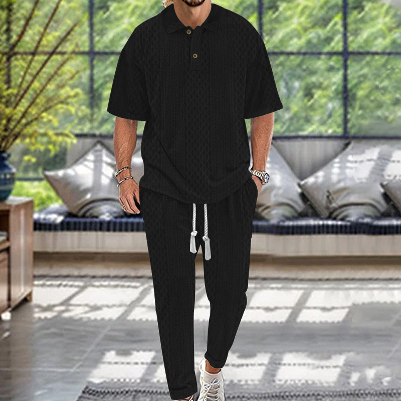 Men's knitted leisure set with polo collar and drawstring jogging pants Mune Fashion