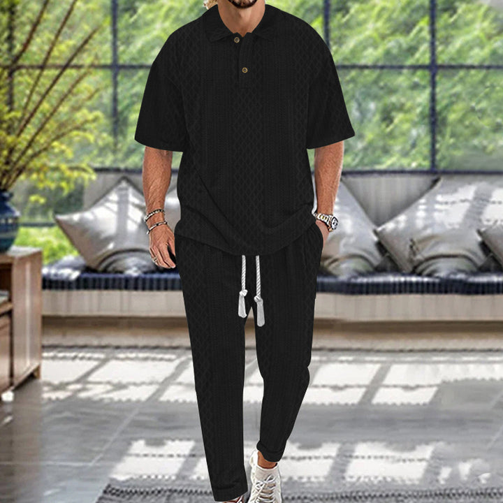 Men's knitted leisure set with polo collar and drawstring jogging pants Mune Fashion