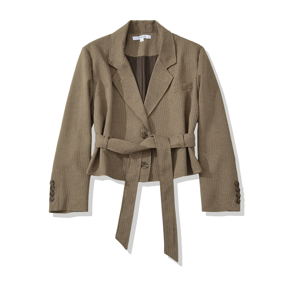 Women Cropped Blazer with Waist Belt, Houndstooth Pattern and Lapel Collar Mune Fashion