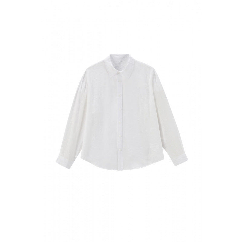 Women's Loose Textured Linen-Cotton Shirt with Kent Collar and Rounded Hem Mune Fashion