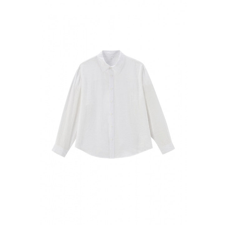 Women's Loose Textured Linen-Cotton Shirt with Kent Collar and Rounded Hem Mune Fashion