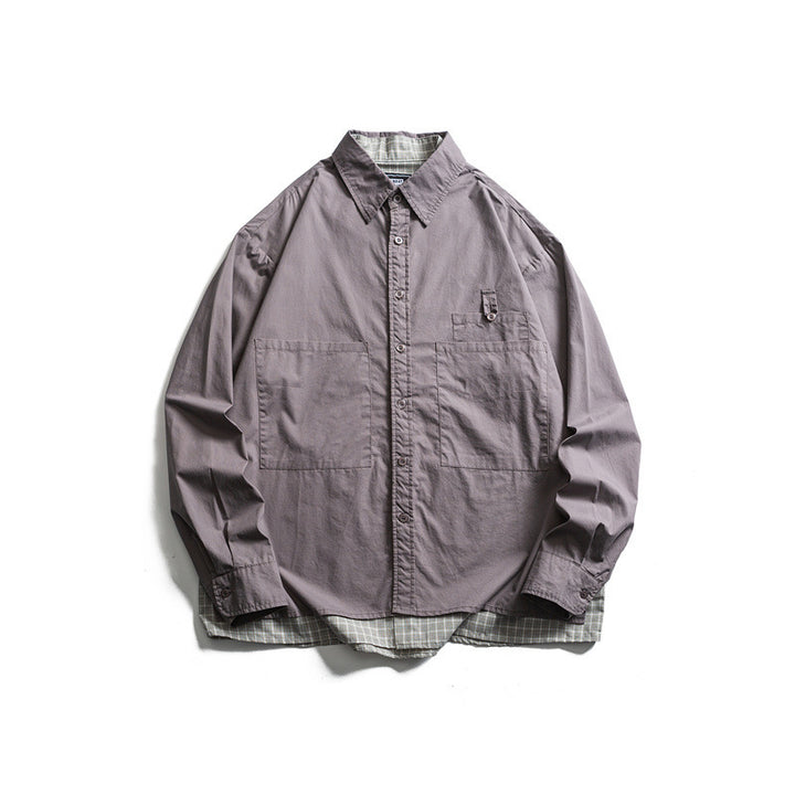 Men's layered look overshirt with patch front pockets, loose fit and checked underlay Mune Fashion