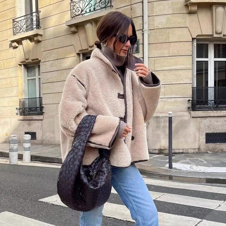 Women's Short Cropped Oversized Teddy Coat with Stand Collar and Contrast Piping Mune Fashion