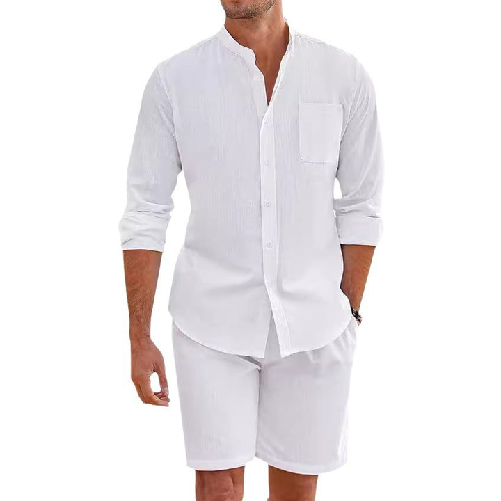 Men's linen-look two-piece set with stand-up collar shirt, chest pocket, and casual shorts Mune Fashion