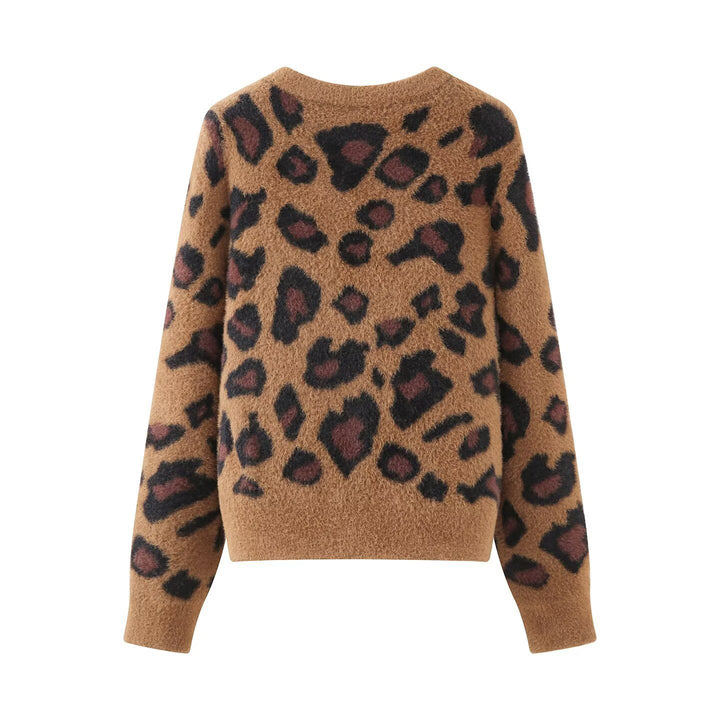 Women's fluffy cardigan in leopard print with round neckline and button placket Mune Fashion