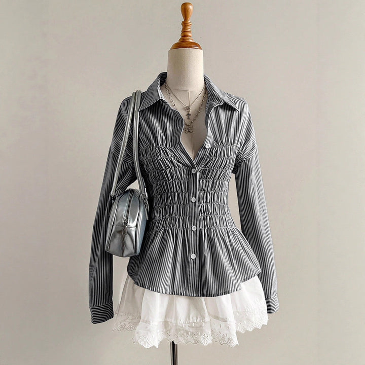 Women's tailored shirt blouse with gathered bust area and peplum Mune Fashion