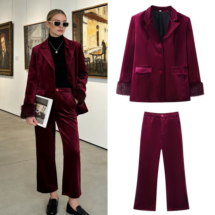 Women Tailored Velvet Blazer with Faux Fur Cuffs and Flap Pockets Mune Fashion