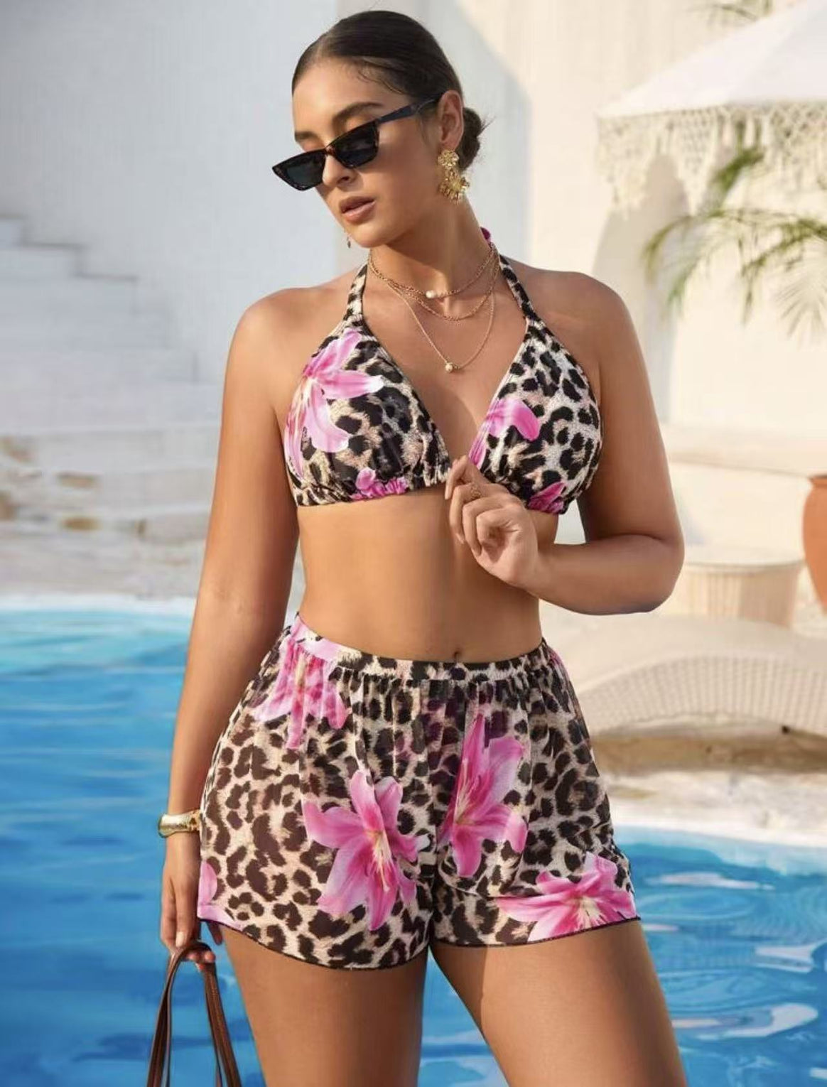 Women's bikini set with trendy animal print and high-waisted shorts Mune Fashion