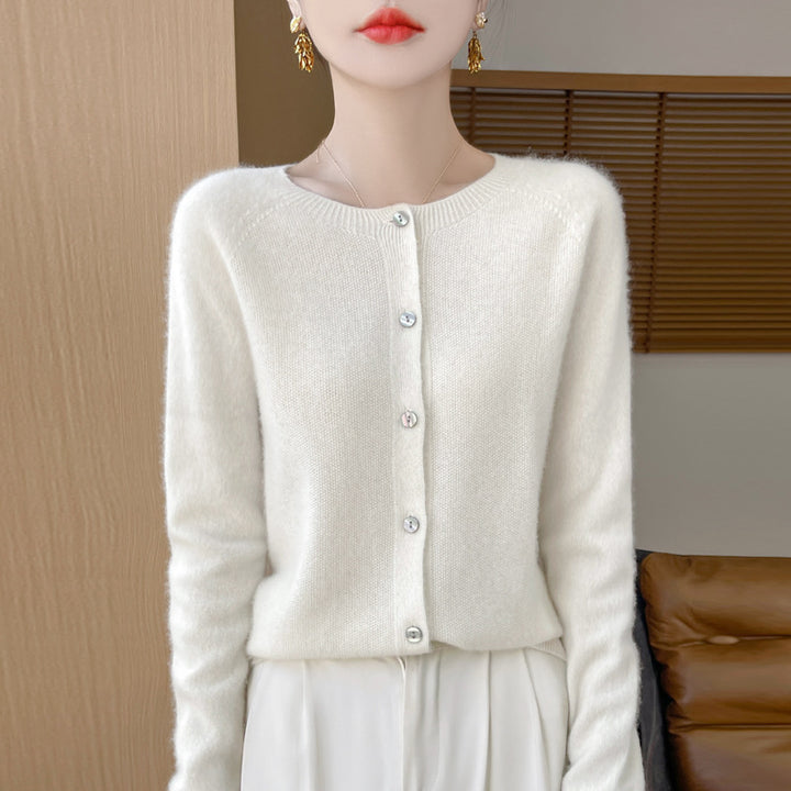 Ladies Cozy Short Cardigan made of Mohair Mix with fine virgin wool texture and mother-of-pearl button placket Mune Fashion