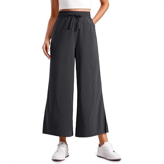 Women's wide culotte pants with elastic waistband, drawstring and side slits Mune Fashion