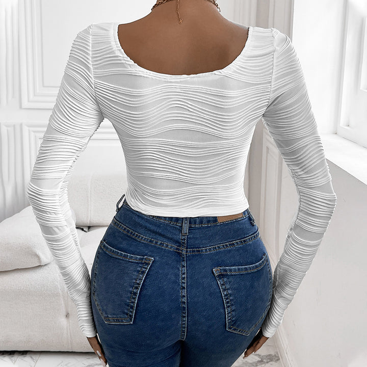 Women's Fitted Structured Long Sleeve Shirt with Wave Structure and U-Neck Mune Fashion