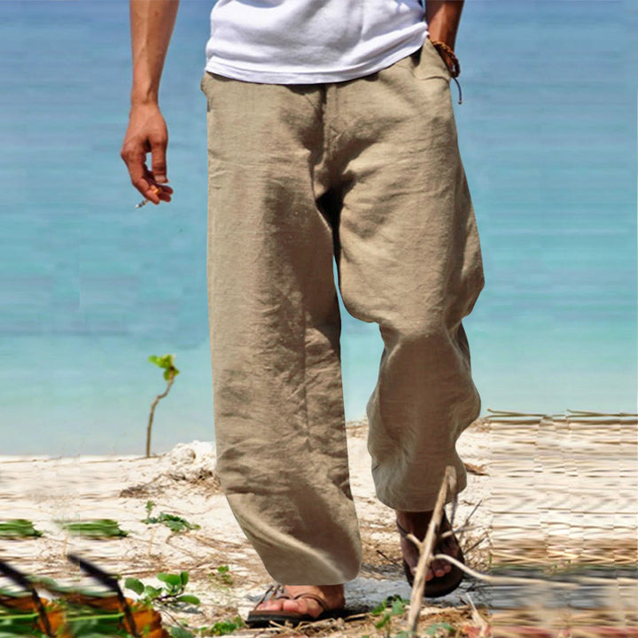 Men's casual beach pants in palazzo cut made of breathable linen-cotton blend with comfort waistband Mune Fashion