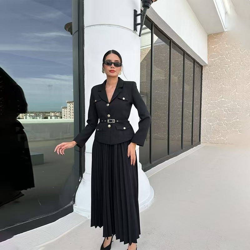 Women's Tailored Blazer with Belt and Pleated Maxi Skirt Set Mune Fashion