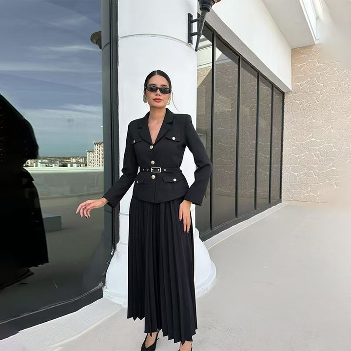 Women's Tailored Blazer with Belt and Pleated Maxi Skirt Set Mune Fashion