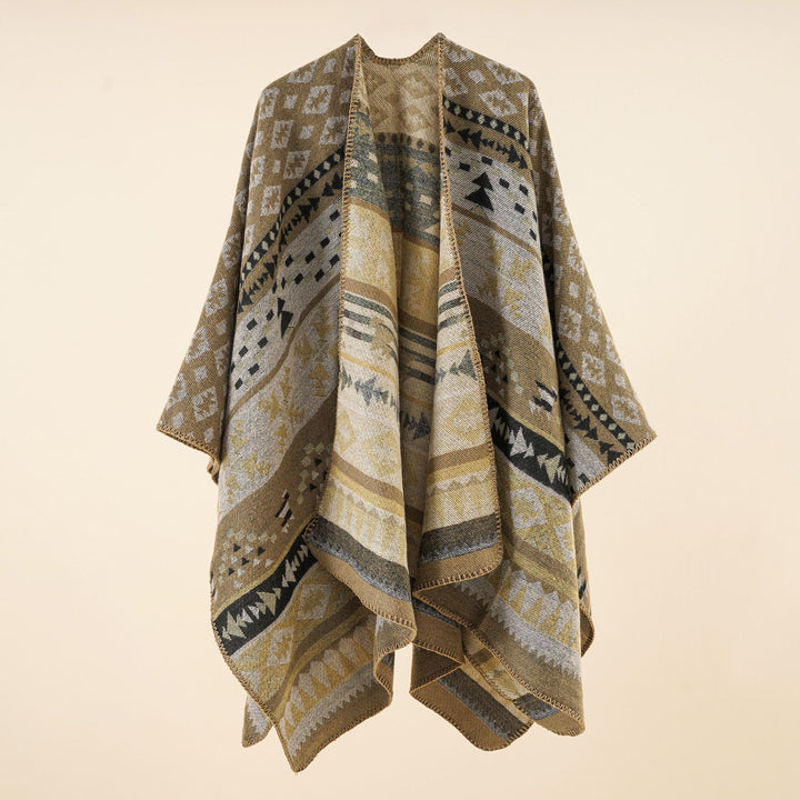 Women's coarse woven ethnic poncho with fringes Mune Fashion